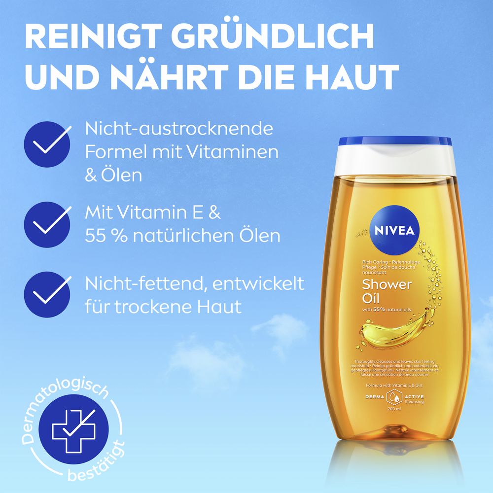 NIVEA Huile de douche soin: Nettoie en profondeur, nourrit la peau. Formule non desséchante avec vitamines et huiles.