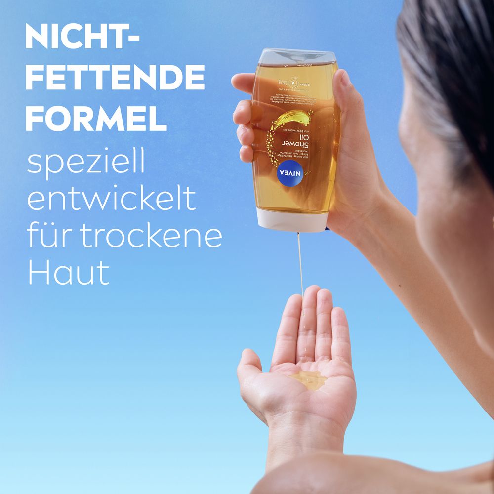 NIVEA Huile de douche soin: Formule non grasse, spécialement conçue pour peaux sèches. Versée dans la main.