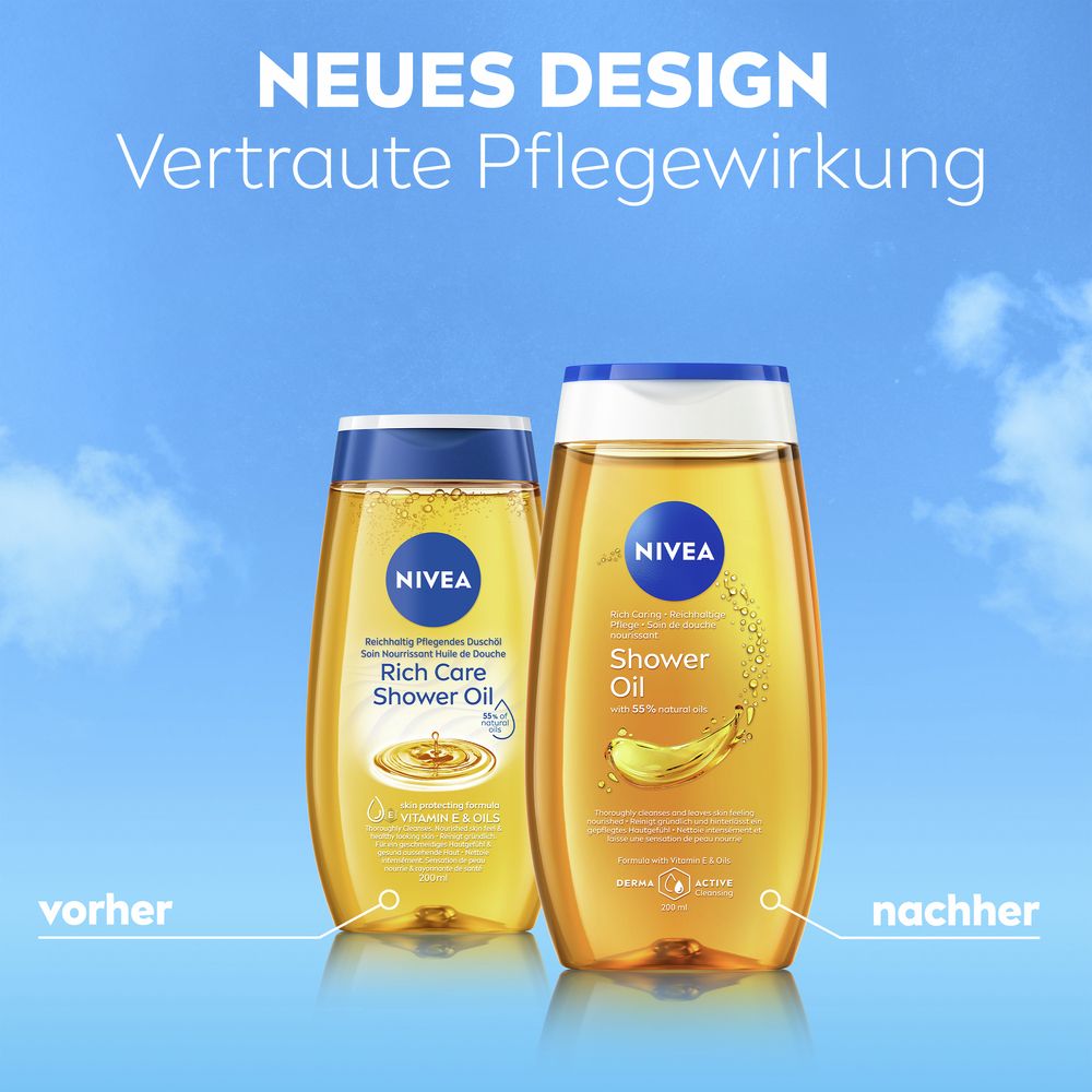 Nouveau design de la bouteille NIVEA Huile de douche soin comparé à l'ancien emballage. 200 ml.