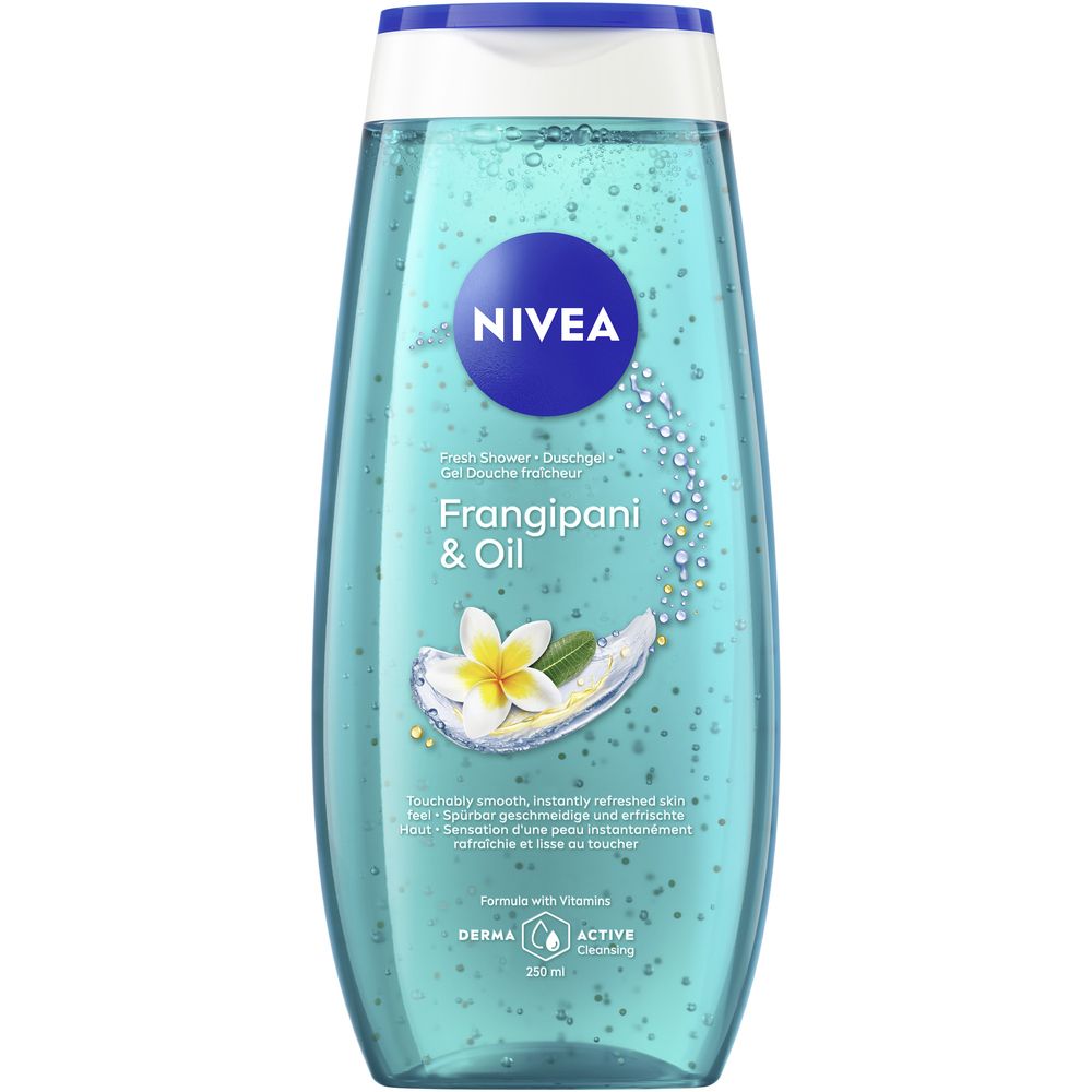 NIVEA Frangipani & Oil Douche Soin dans une bouteille transparente avec bouchon bleu. Comprend un motif de fleur de frangipanier.
