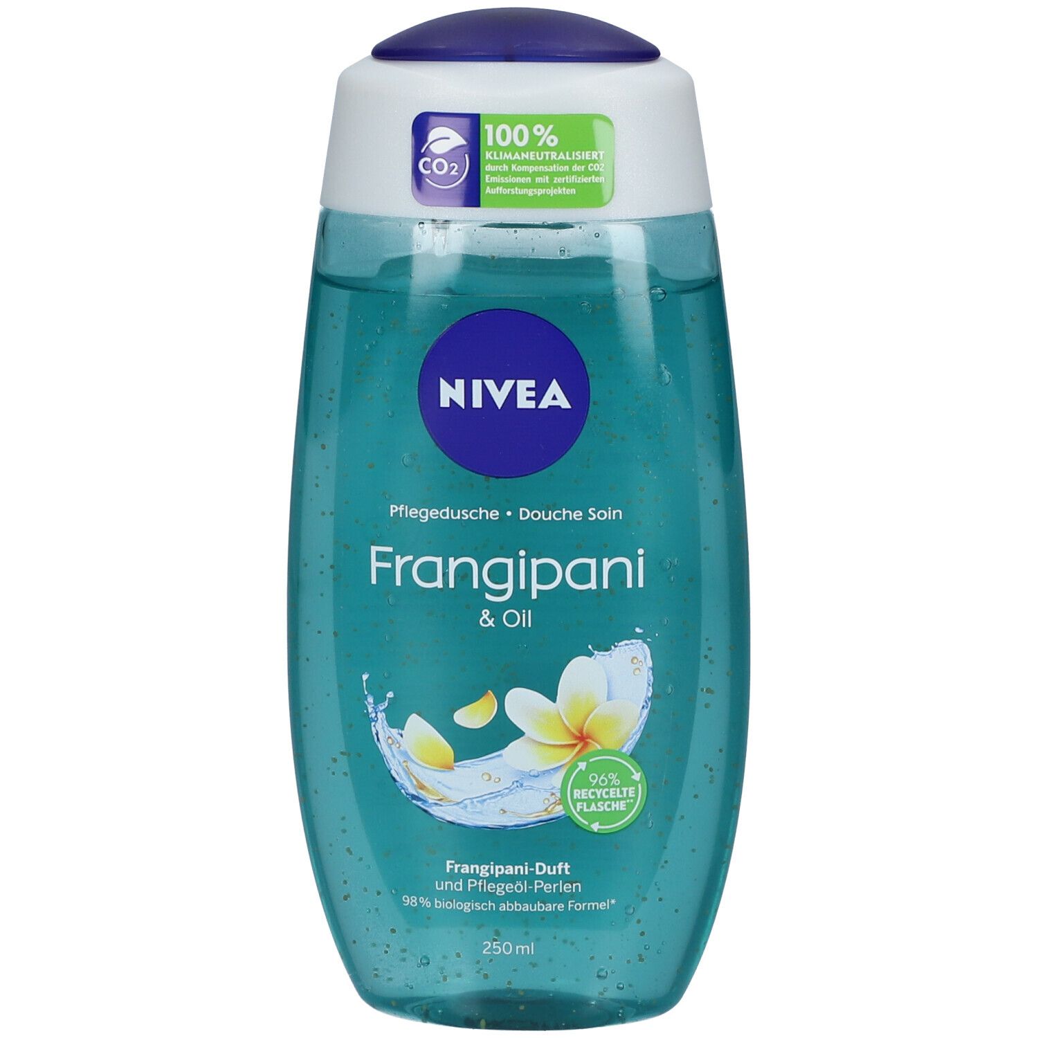 Flacon de gel douche NIVEA® Frangipani & Oil. Flacon transparent turquoise, bouchon bleu. Inscription Frangipani & Oil. Formule biodégradable à 99%.