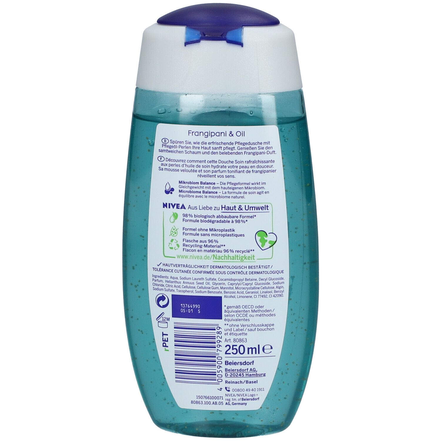 Dos du gel douche NIVEA® Frangipani & Oil. Flacon transparent turquoise, bouchon bleu. Texte: Frangipani & Oil. 99% biodégradable.
