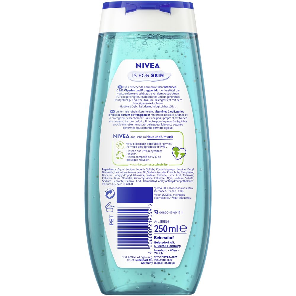 Dos de la bouteille NIVEA Frangipani & Oil Douche Soin avec ingrédients et informations sur la durabilité.