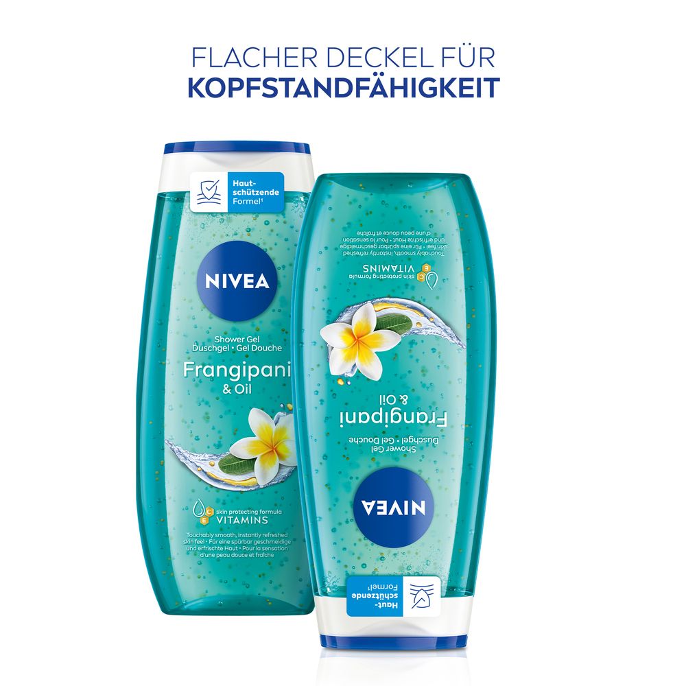 Deux bouteilles NIVEA Frangipani & Oil Douche Soin, l'une droite, l'autre retournée pour montrer le bouchon plat.