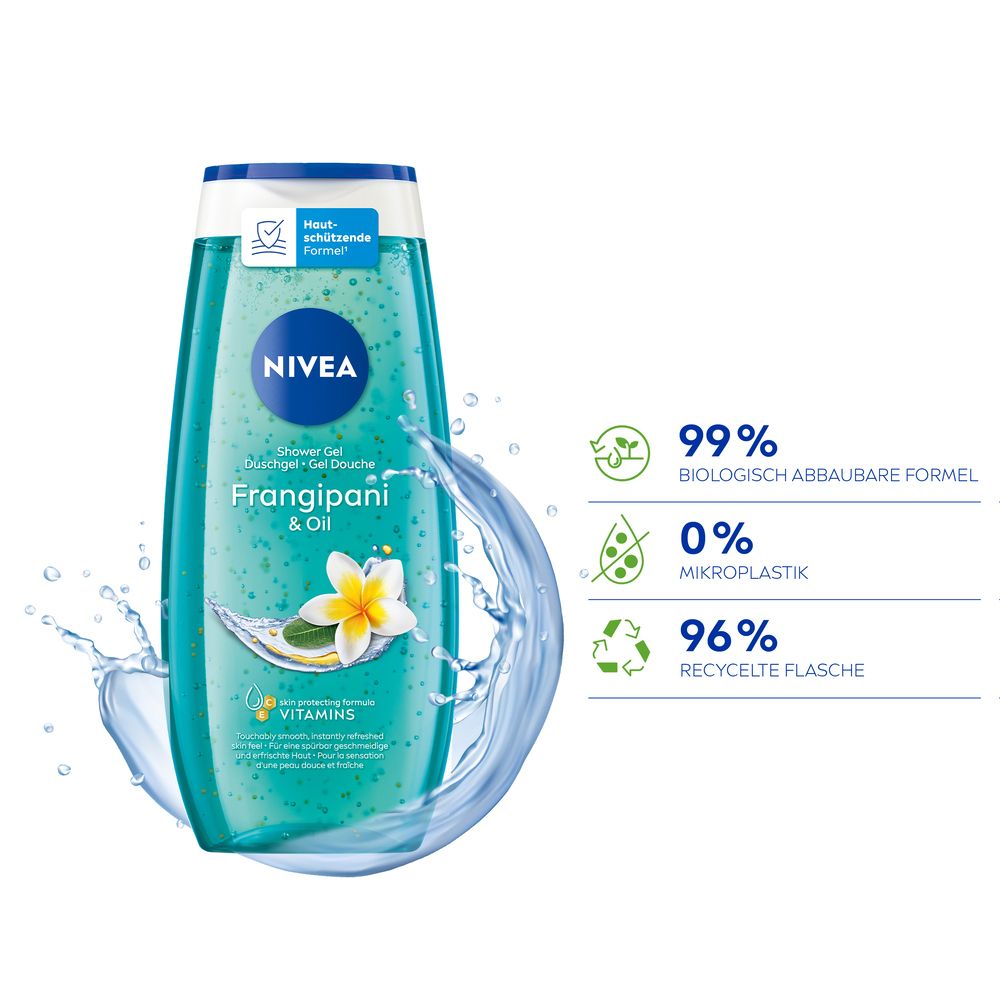 NIVEA Frangipani & Oil Douche Soin avec un splash d'eau. Icônes indiquant une formule biodégradable à 99% et une bouteille recyclée à 96%.