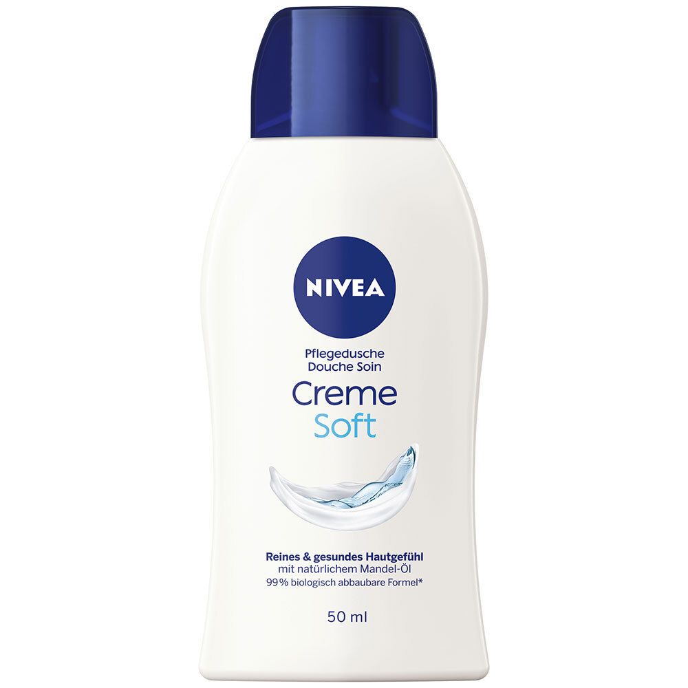 Flacon blanc, bouchon bleu. Logo NIVEA, Creme Soft, huile d'amande. 50 ml.