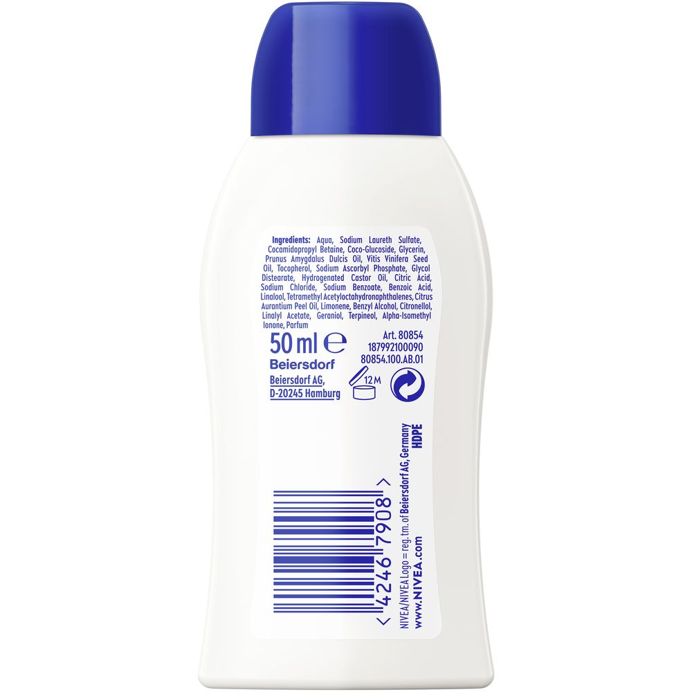 Arrière d'une bouteille NIVEA Creme Soft Douche Soin avec ingrédients et code-barres.