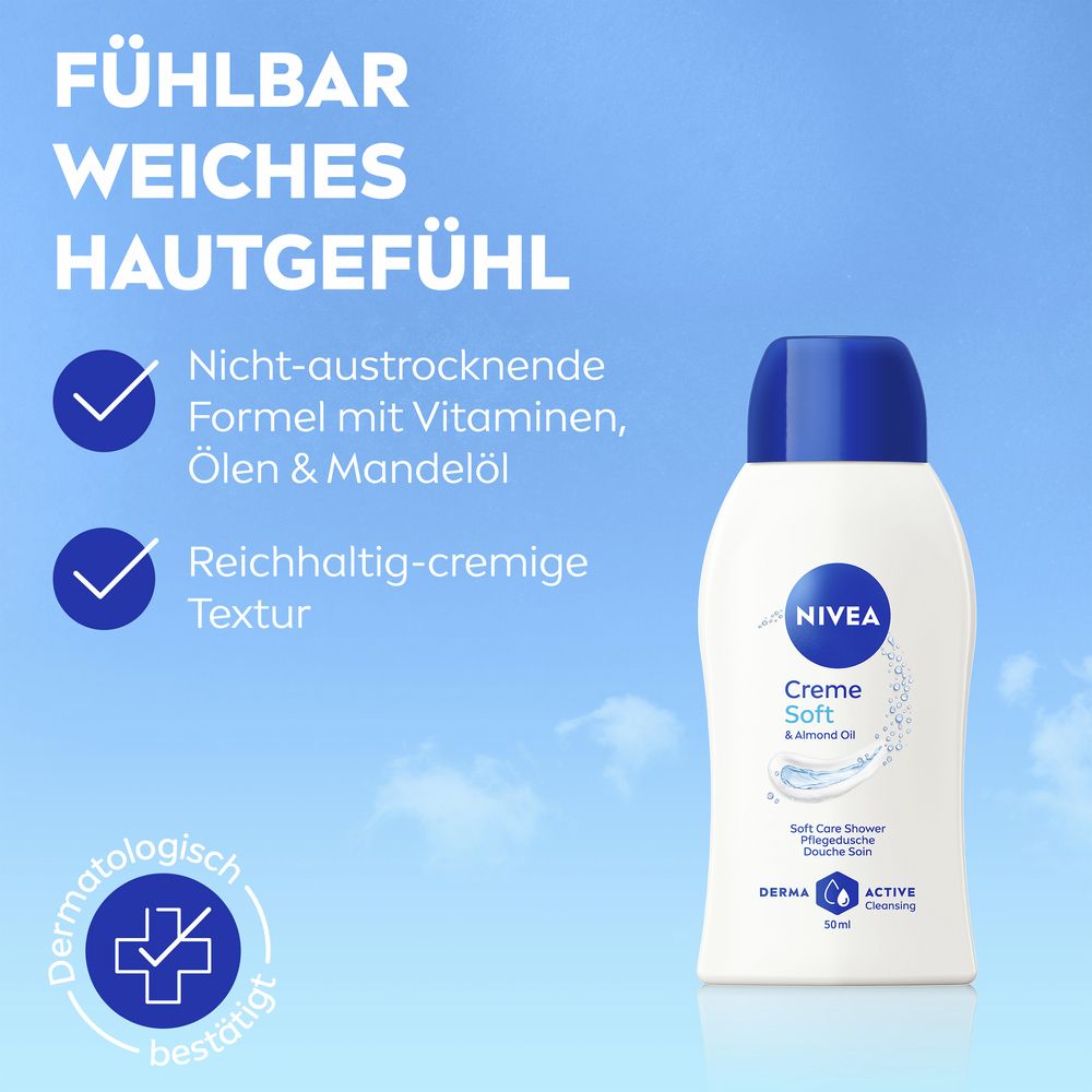 Bouteille NIVEA Creme Soft Douche Soin avec texte sur la douceur pour la peau et les ingrédients.