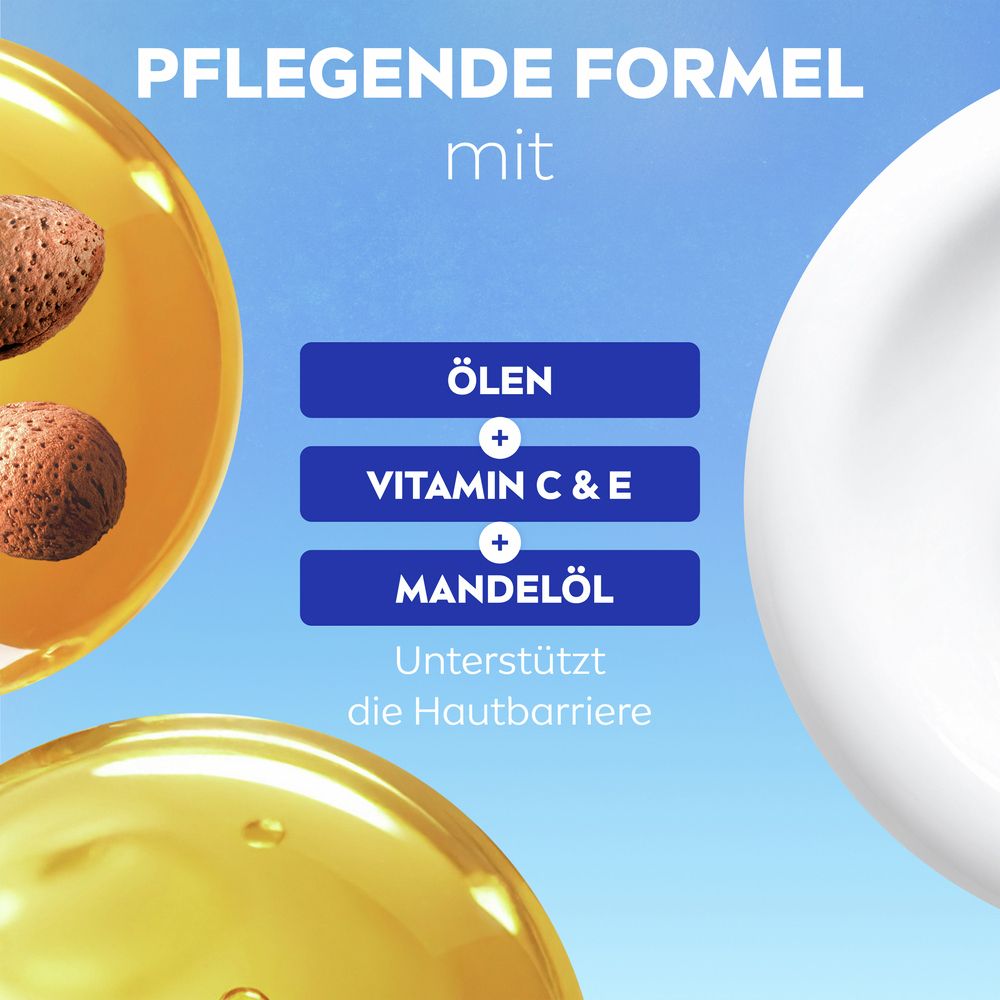 Gros plan sur des amandes et de l'huile, illustrant la formule nourrissante de NIVEA Creme Soft Douche Soin.
