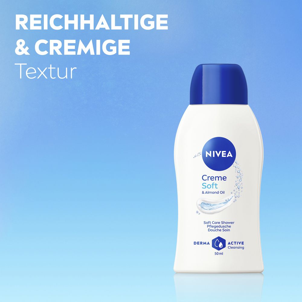 Bouteille NIVEA Creme Soft Douche Soin avec texte sur la texture riche et crémeuse.