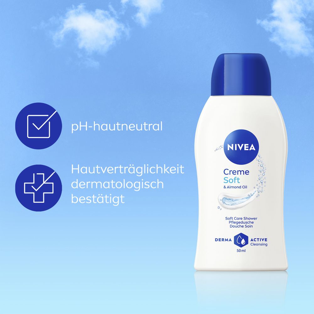 Bouteille NIVEA Creme Soft Douche Soin avec texte sur pH neutre pour la peau et testé dermatologiquement.