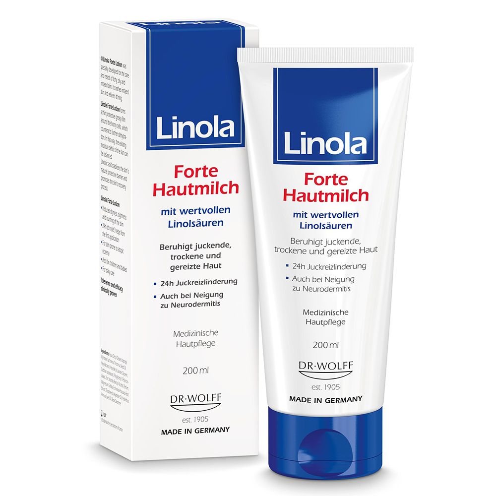 Linola Forte Lait pour la peau, tube et emballage. Soin médical pour peaux sèches et irritées. 200ml.