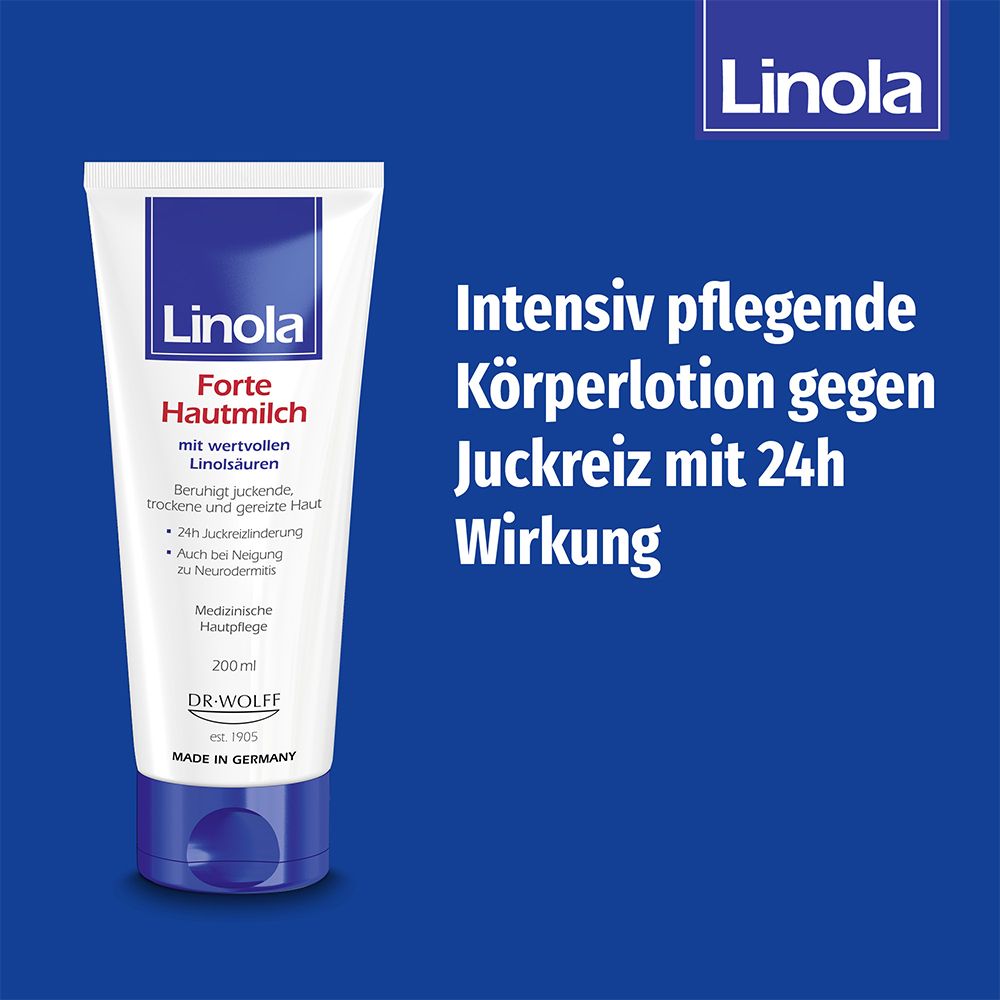 Linola Forte Lait pour la peau, tube. Lotion corporelle intensive contre les démangeaisons avec effet 24h.
