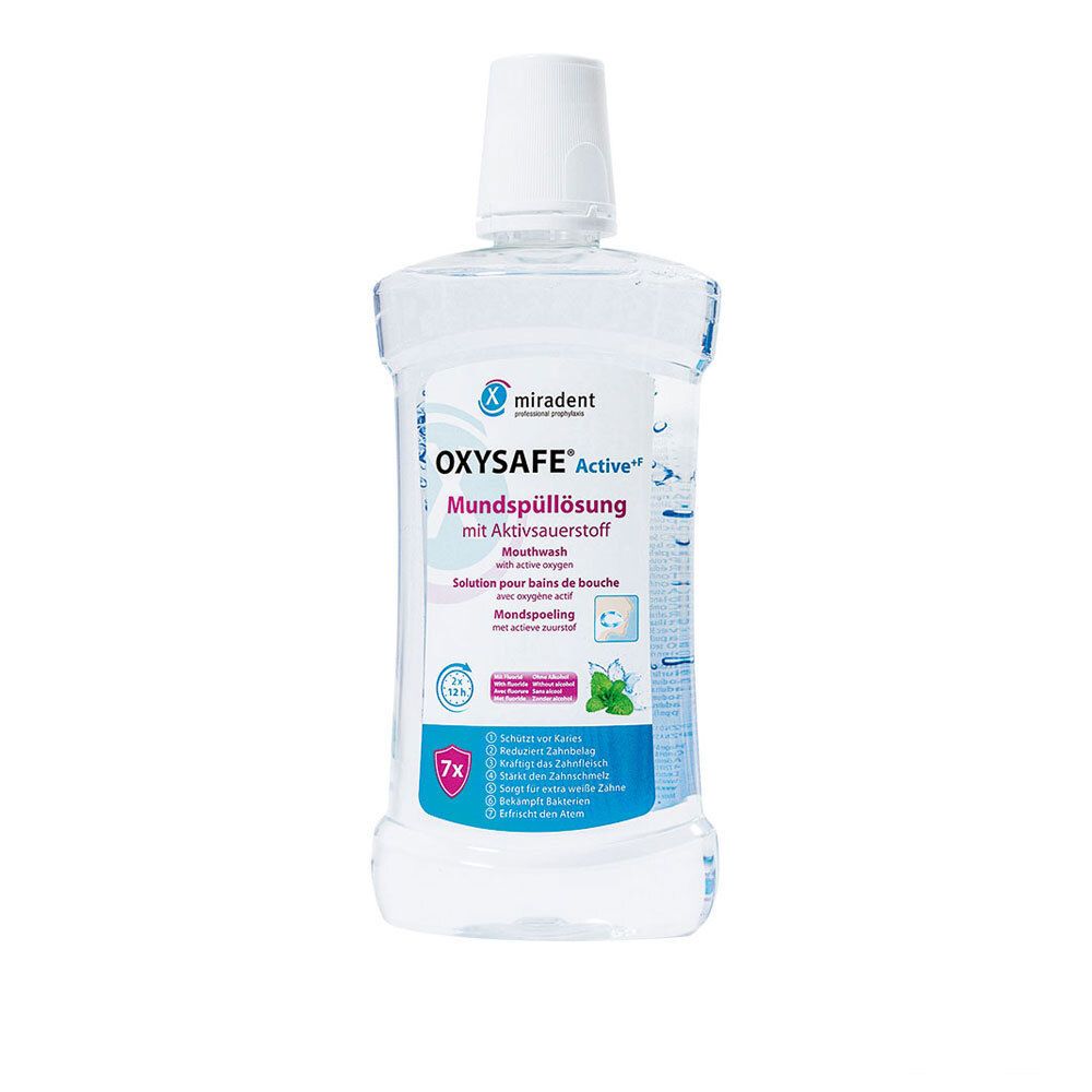 Flacon transparent avec bouchon blanc. Inscription: miradent OXYSAFE Active Bain de bouche. Illustration de menthe.