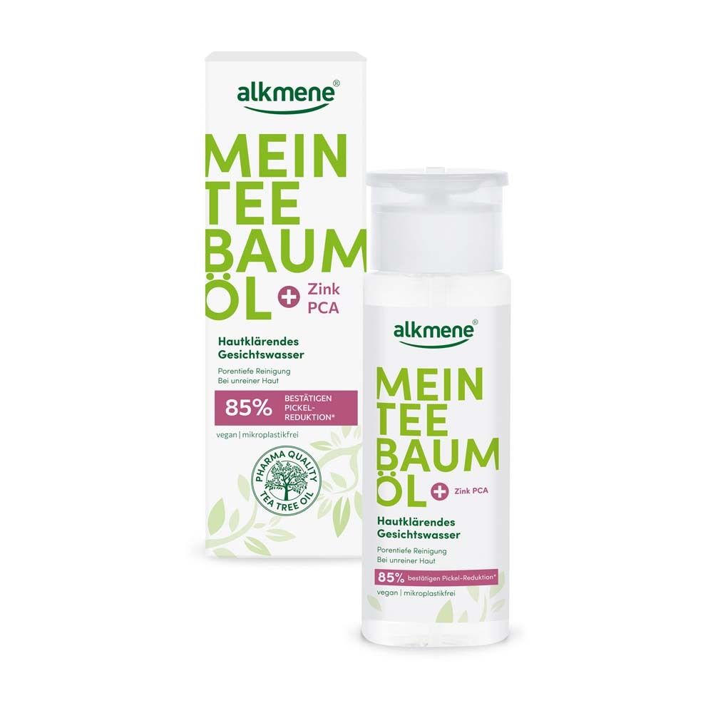 Flacon et emballage alkmene®. Design vert et blanc, nom du produit et logo.