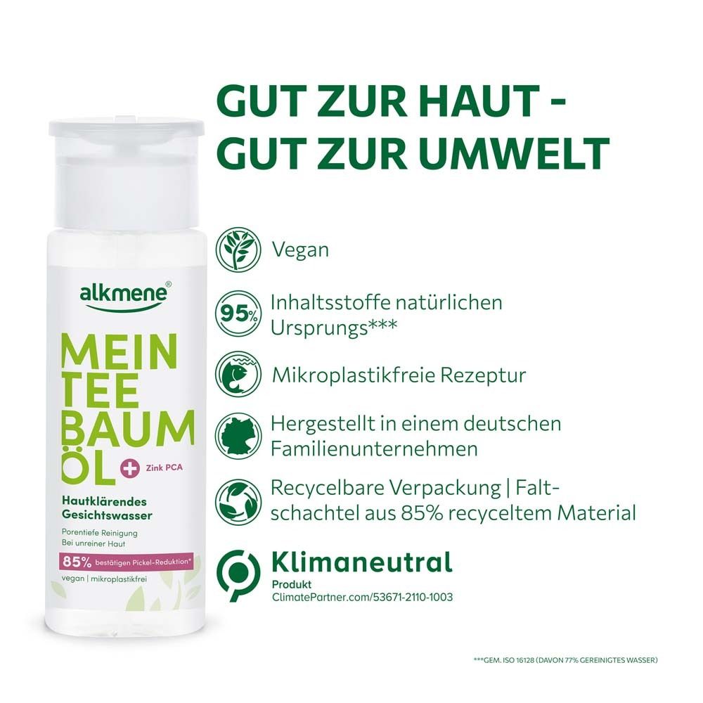 Flacon alkmene®. Texte : Bon pour la peau - bon pour l'environnement. Végétalien, neutre en carbone.