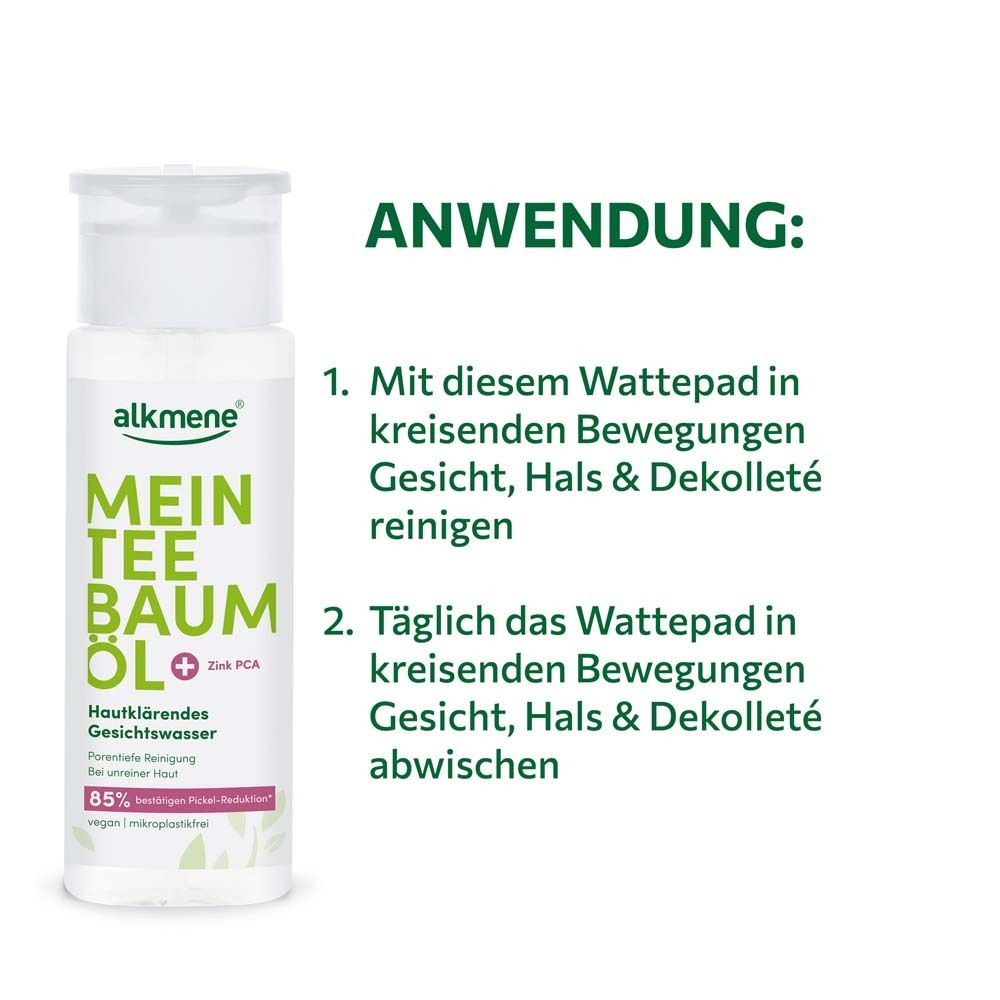 Flacon alkmene®. Application : Nettoyer le visage, le cou et le décolleté.