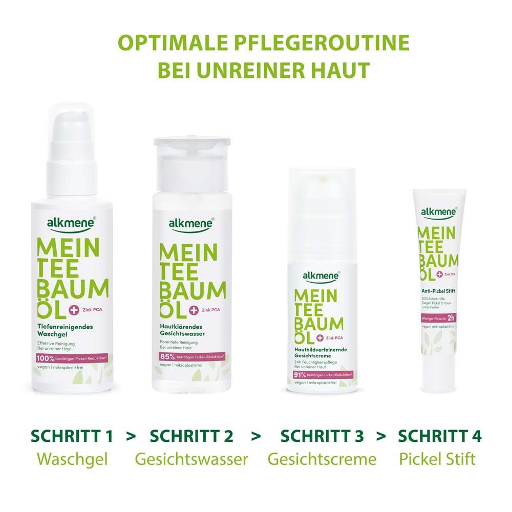 Produits alkmene®. Gel lavant, lotion tonique, crème pour le visage, stylo anti-boutons. Routine de soins.