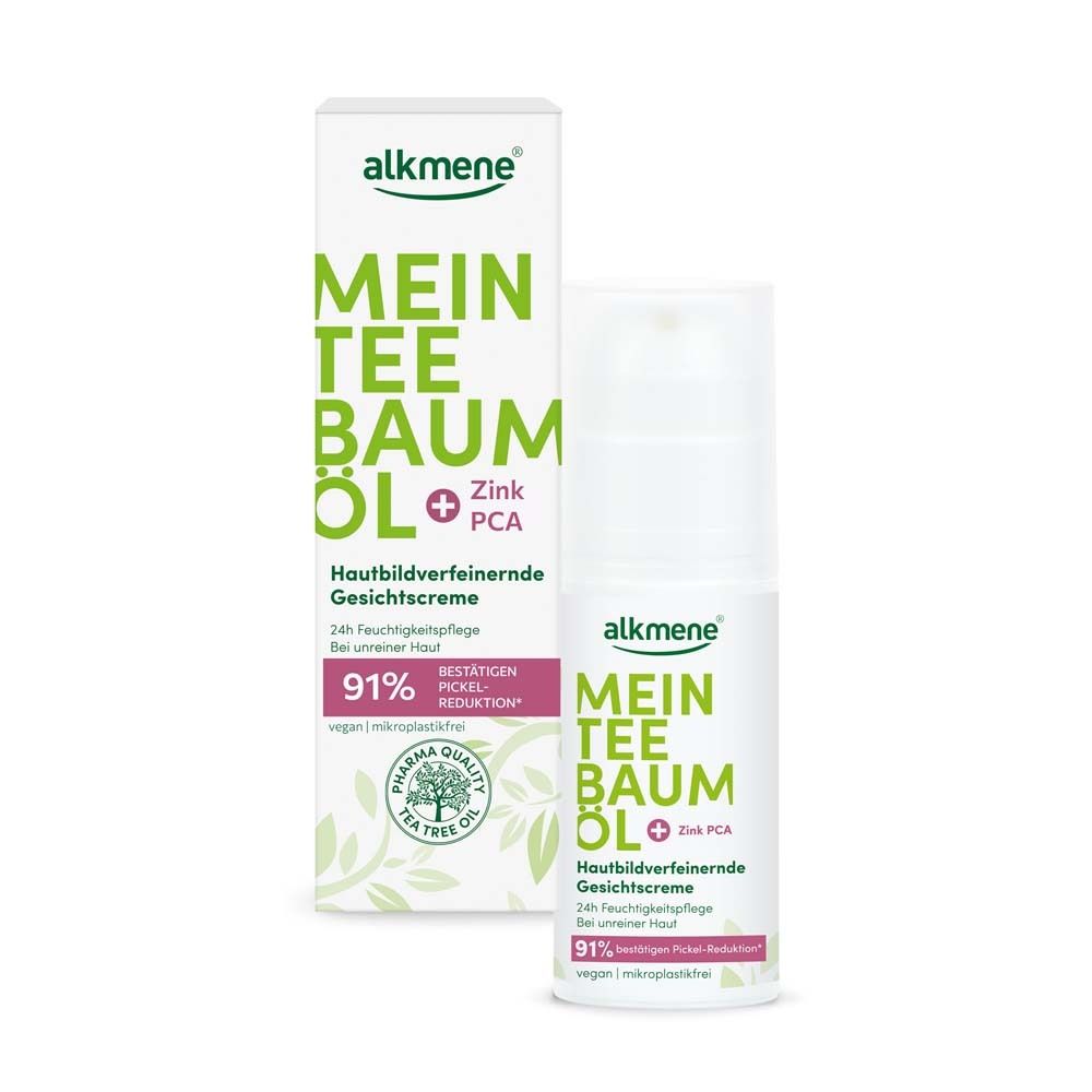 Crème visage alkmene® Mein Teebaumöl. Flacon et emballage. Zink PCA. Pharma Quality Tea Tree Oil.