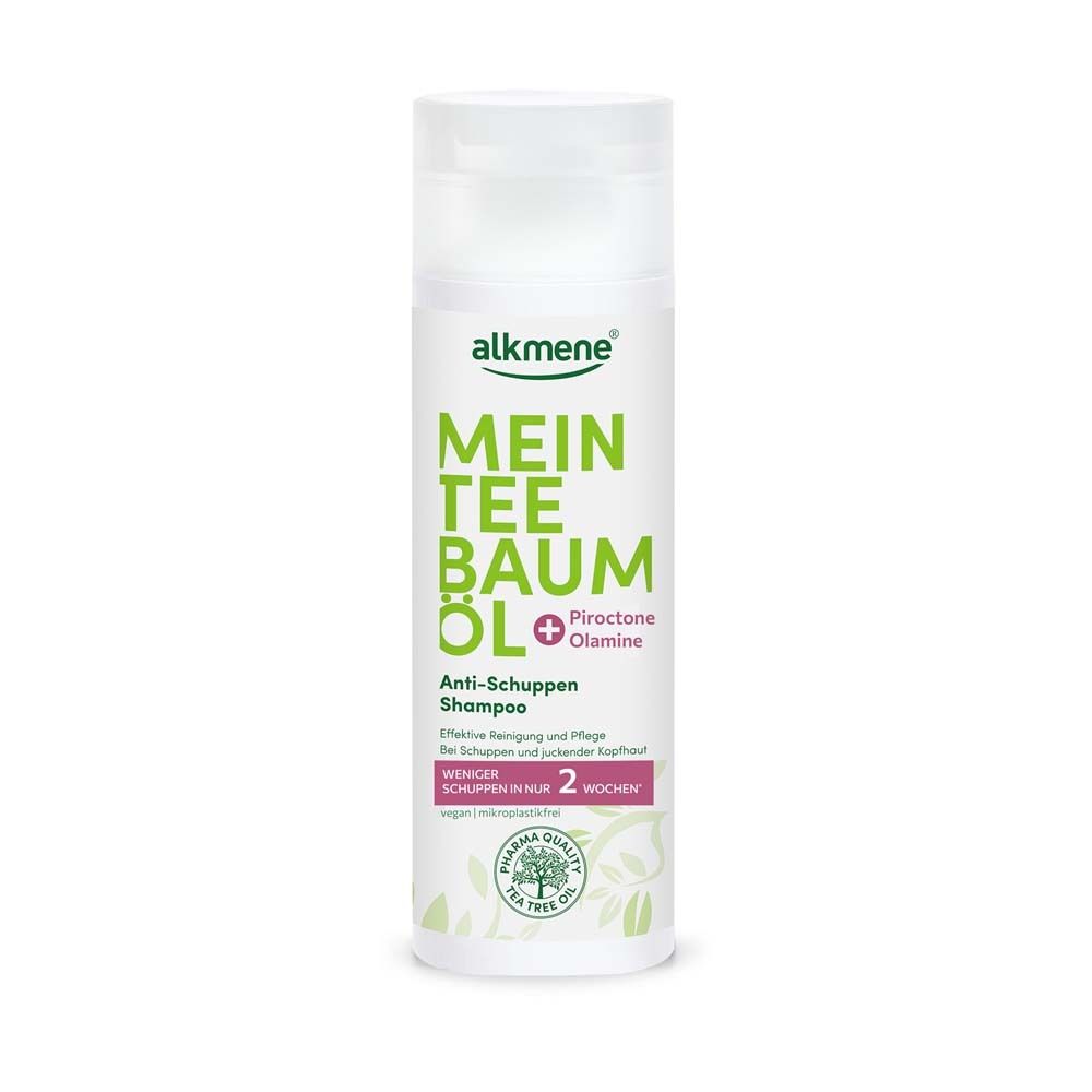 Flacon de shampooing blanc avec étiquette verte. Inscription : Mein Teebaumöl Anti-Schuppen Shampoo.