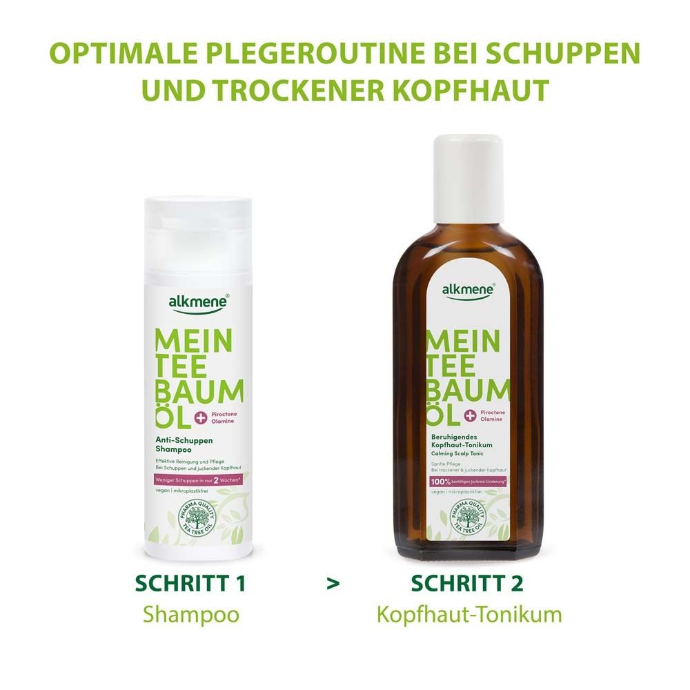 Deux flacons côte à côte : shampooing et tonique pour le cuir chevelu. Texte : Routine de soin optimale pour les pellicules et le cuir chevelu sec.