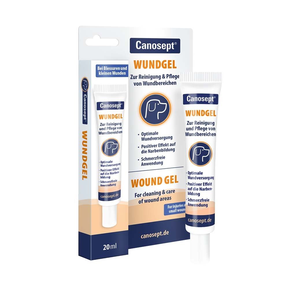 Canosept Wundgel, tube et emballage. Inscription : Wundgel, 20 ml. Pour petites plaies.