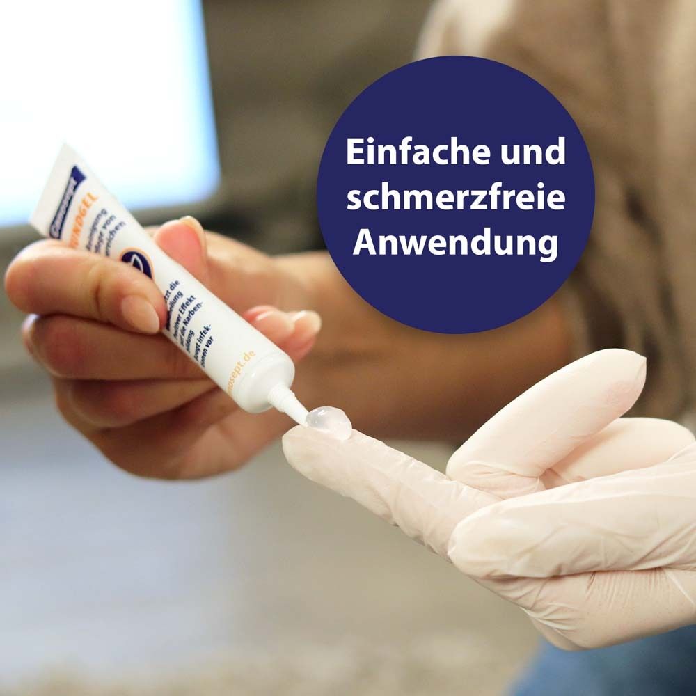 Personne applique du gel sur un doigt. Bulle bleue : Application facile et sans douleur.