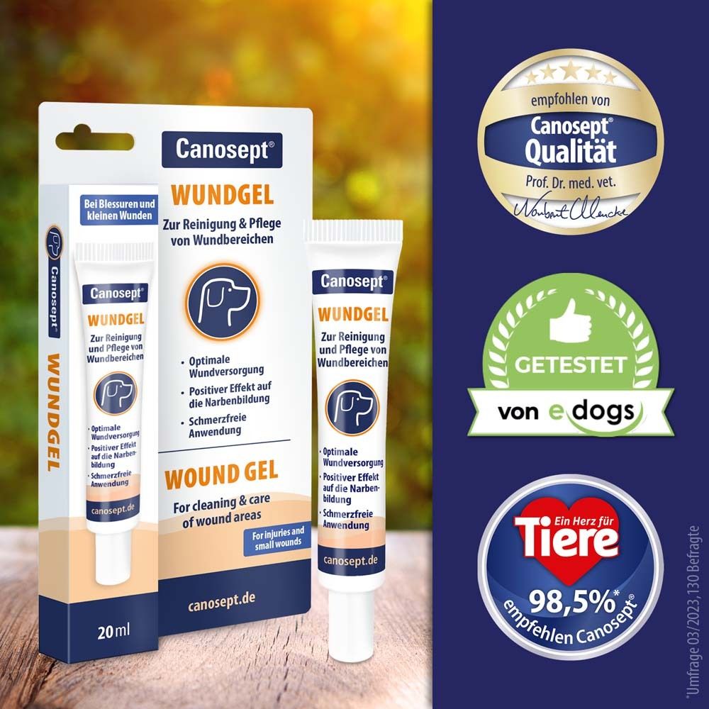 Canosept Wundgel, tube et emballage. Logos : Testé par e dogs, Un cœur pour les animaux, recommandé par Canosept.