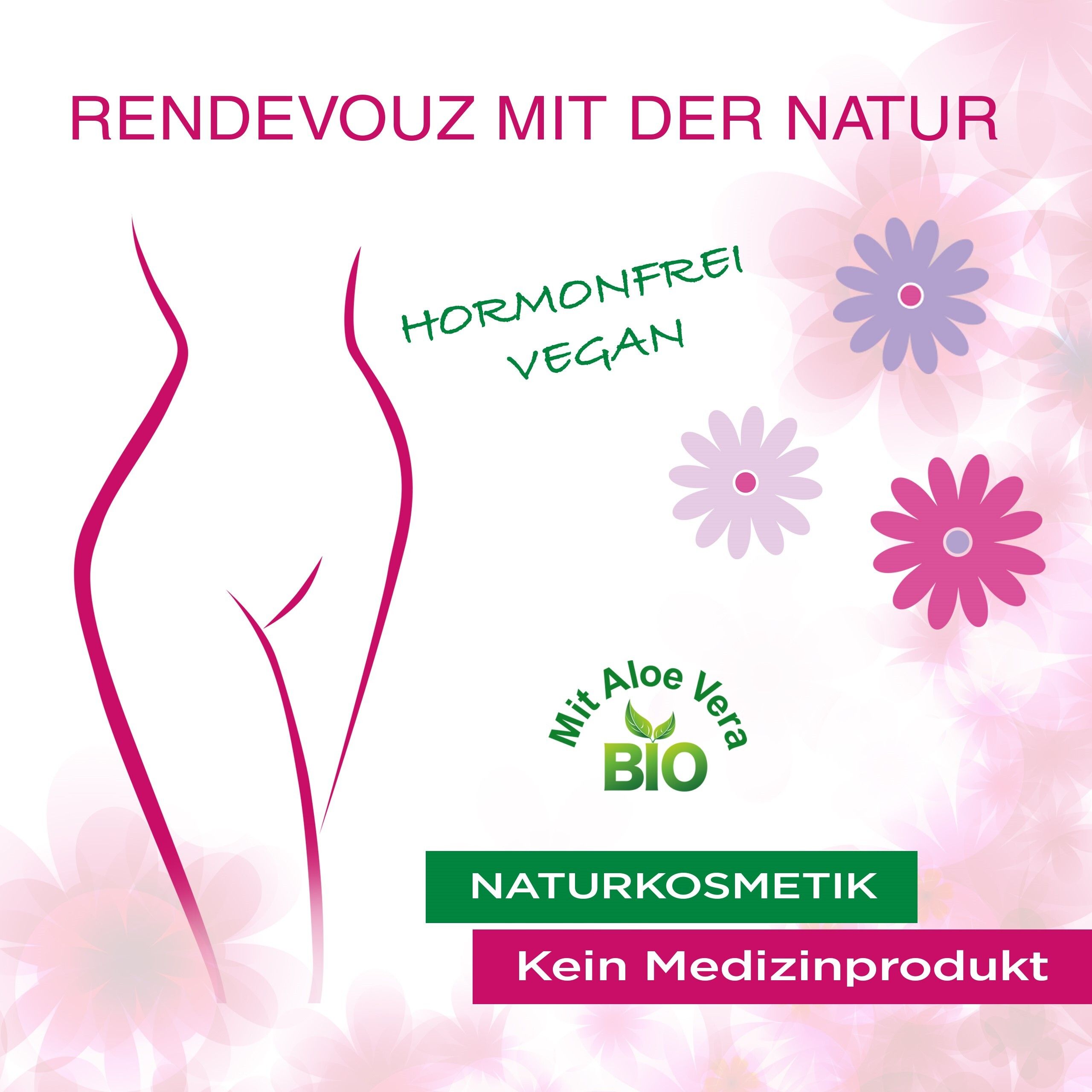 Silhouette rose d'une femme. Texte : Sans hormones, Vegan, Cosmétiques naturels, Avec Aloe Vera Bio. Fleurs roses et lilas.
