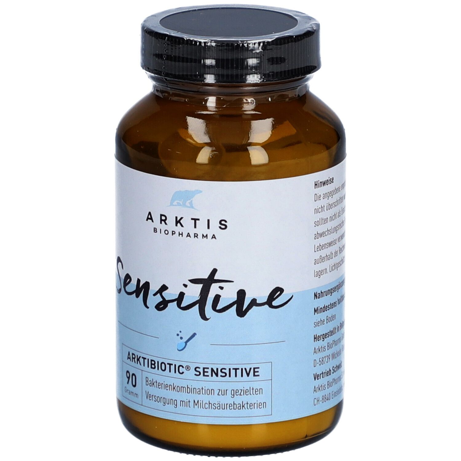 Flacon en verre brun avec bouchon noir. Étiquette avec "ARKTIS", "Sensitive" et "90 grammes".
