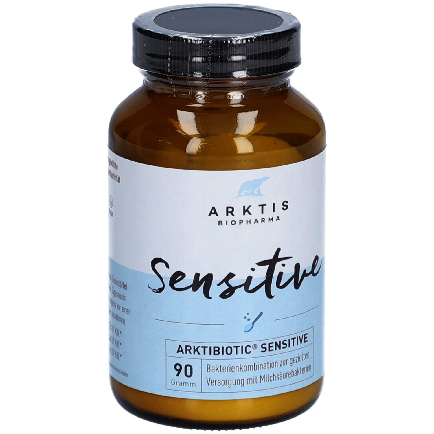 Flacon en verre brun avec bouchon noir. Étiquette avec "ARKTIS", "Sensitive" et "90 grammes".