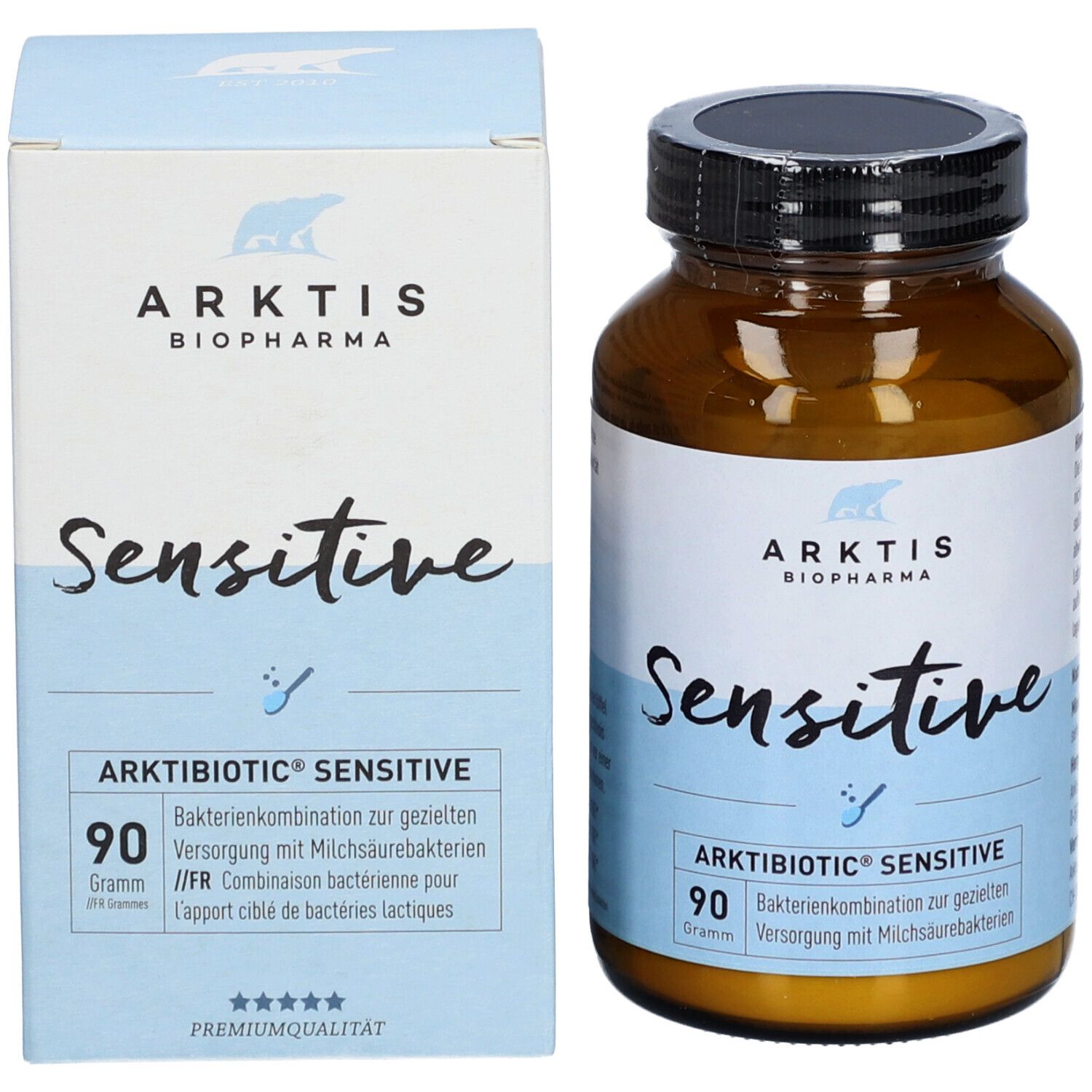 Produit et emballage. Flacon brun et boîte bleue avec "ARKTIS", "Sensitive" et "90 grammes".