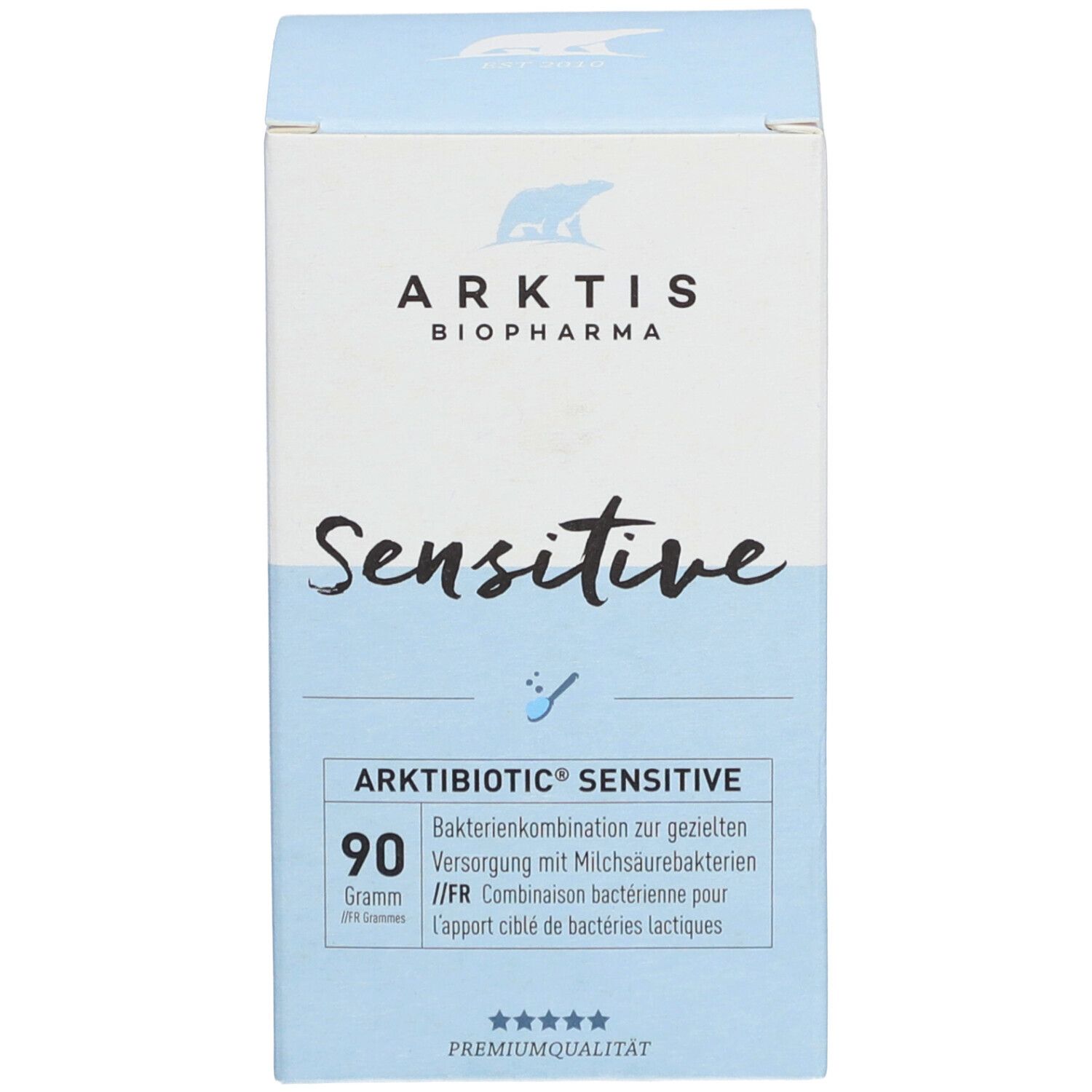 Boîte bleue avec "ARKTIS", "Sensitive" et "90 grammes". Logo qualité premium.