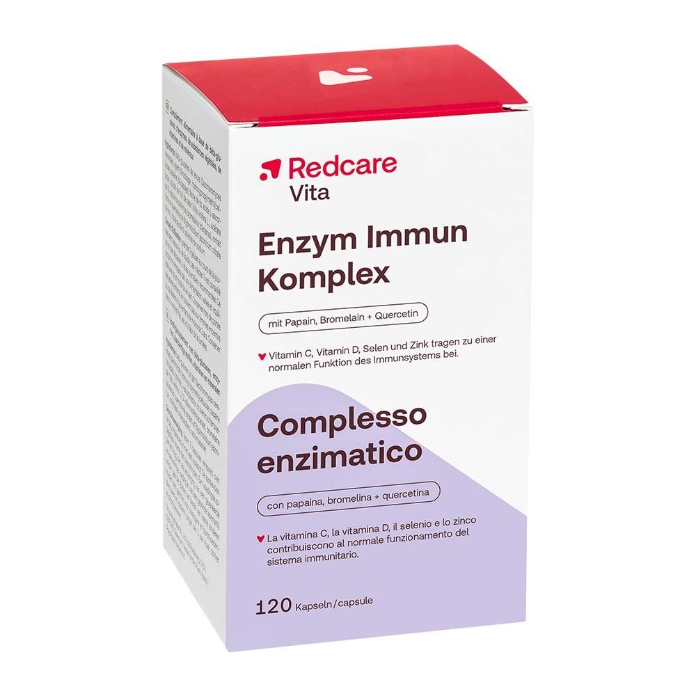 Boîte de Redcare Vita Enzym Immun Komplex. Contient 120 gélules. Inscription : Vitamine C, D, sélénium et zinc.