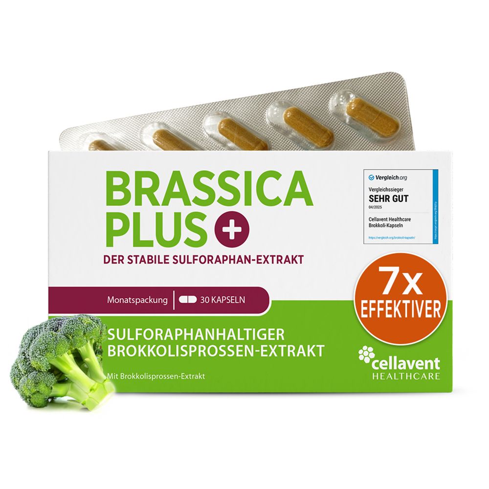 Boîte blanche Brassica PLUS. Inscription: Extrait de graines de brocoli contenant du sulforaphane. Une gélule à côté.