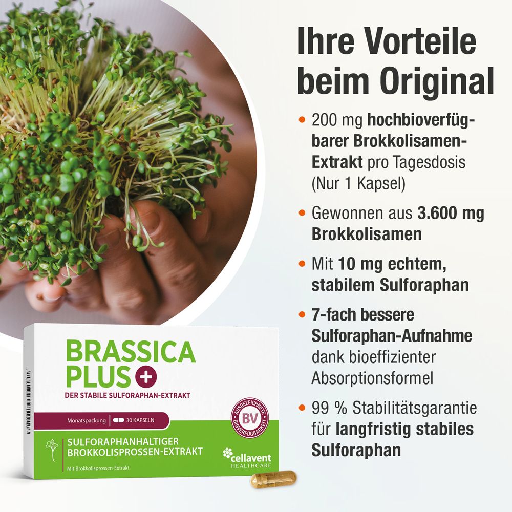 Mains tenant des germes de brocoli et un paquet Brassica PLUS. Texte: Vos avantages avec l'original.