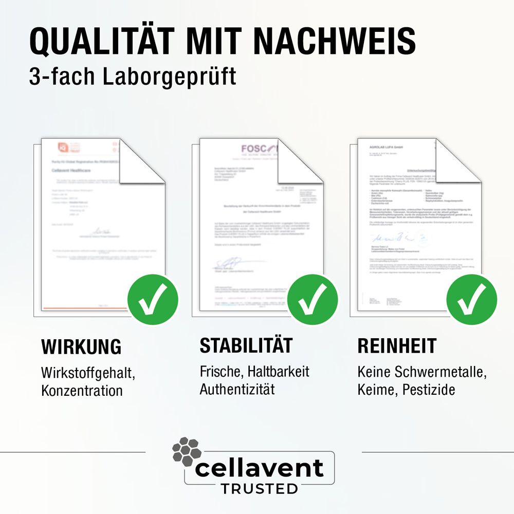 Trois documents avec des coches vertes. Texte: Qualité avec preuve. Logo cellavent TRUSTED.