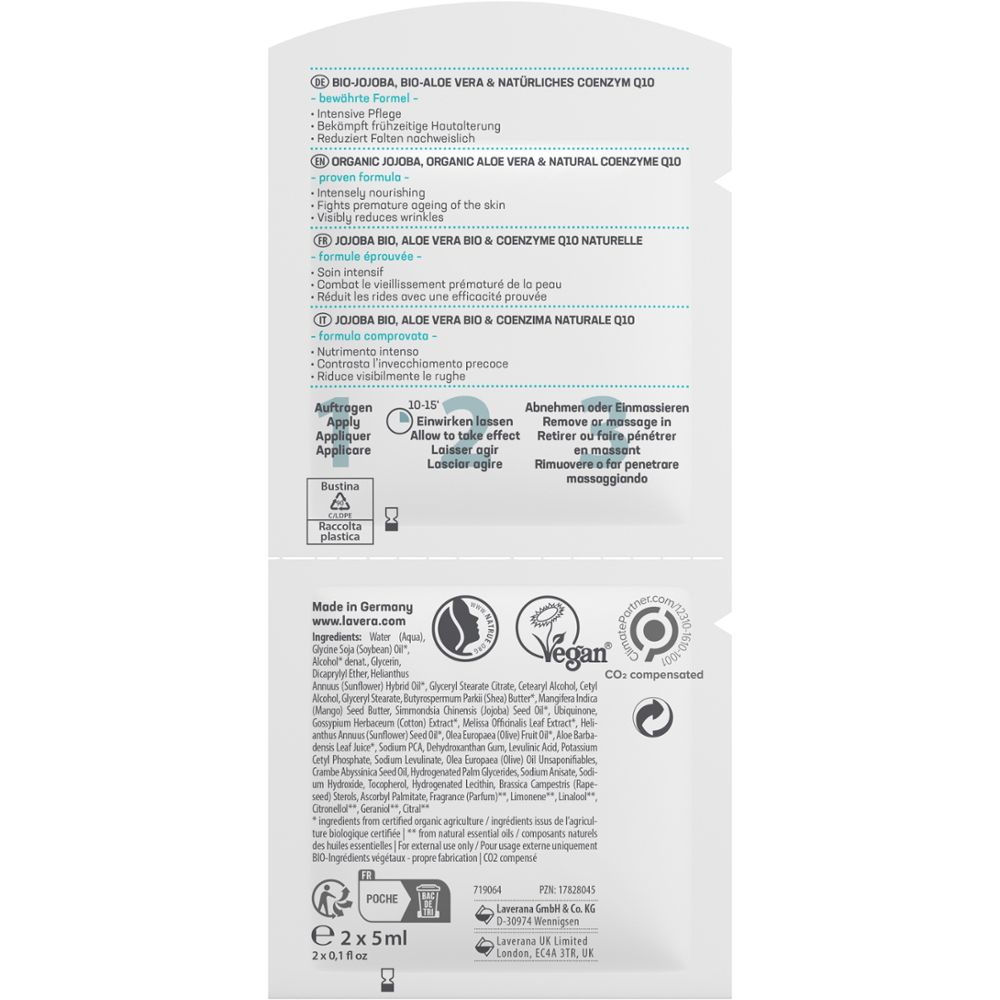 Dos Lavera Basis Sensitiv Masque: Ingrédients, instructions d'application, labels (Bio, Vegan, CO2 compensé).