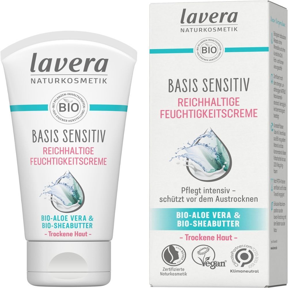 Crème hydratante riche Lavera Basis Sensitiv, tube et boîte.