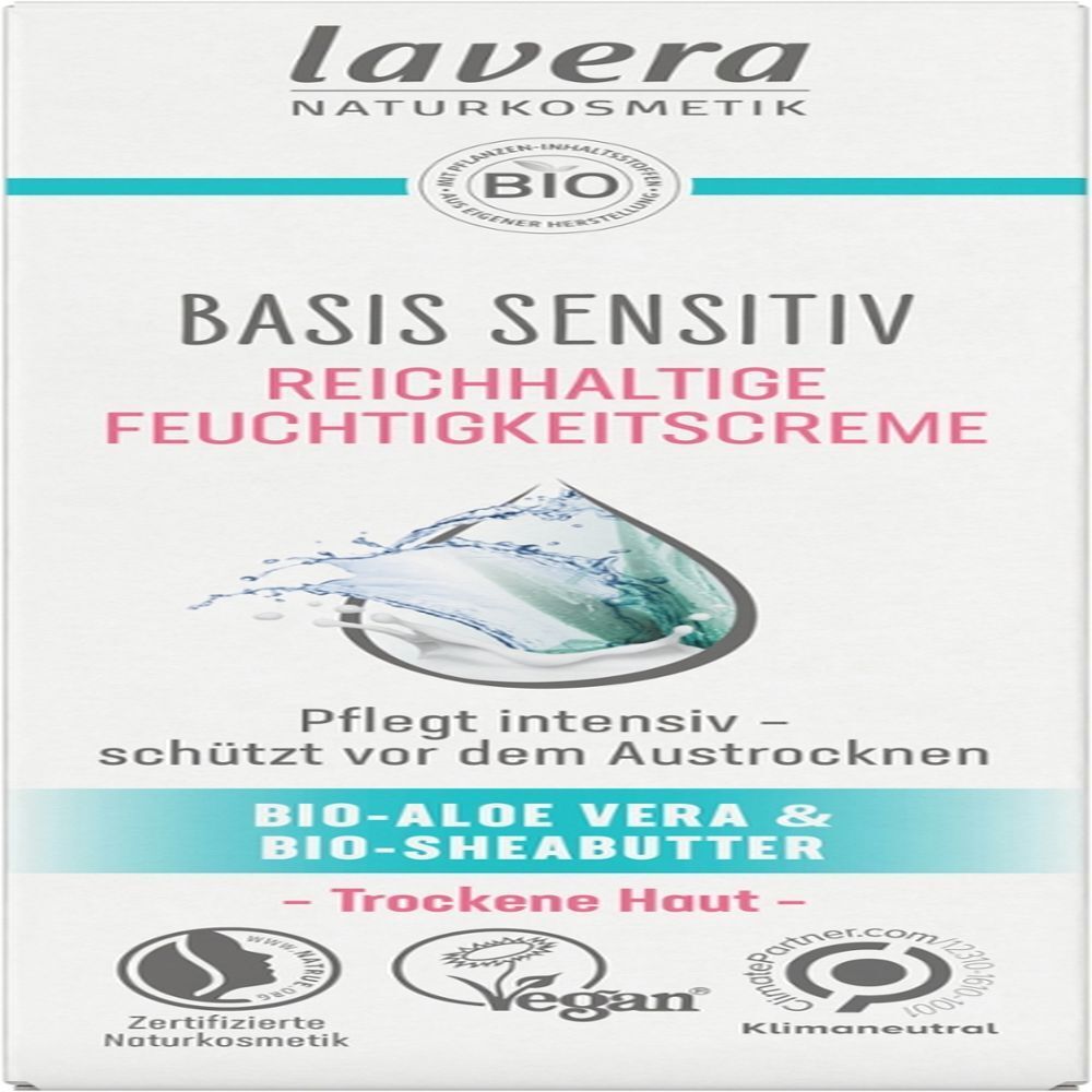Boîte de crème hydratante riche Lavera Basis Sensitiv, face avant.