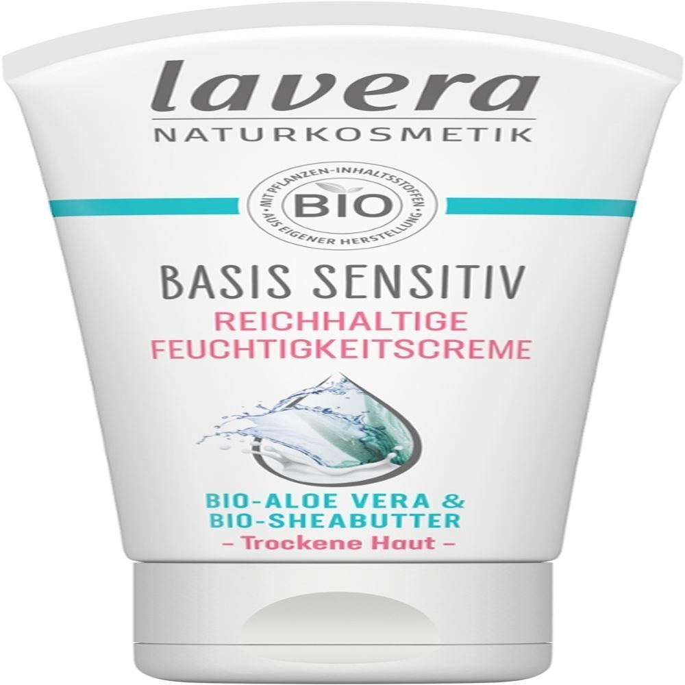 Tube de crème hydratante riche Lavera Basis Sensitiv, face avant.