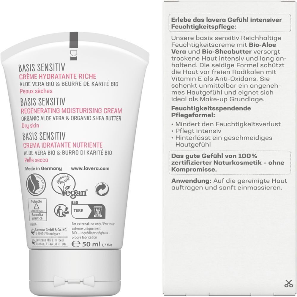 Tube et boîte de crème hydratante riche Lavera Basis Sensitiv, vue latérale.