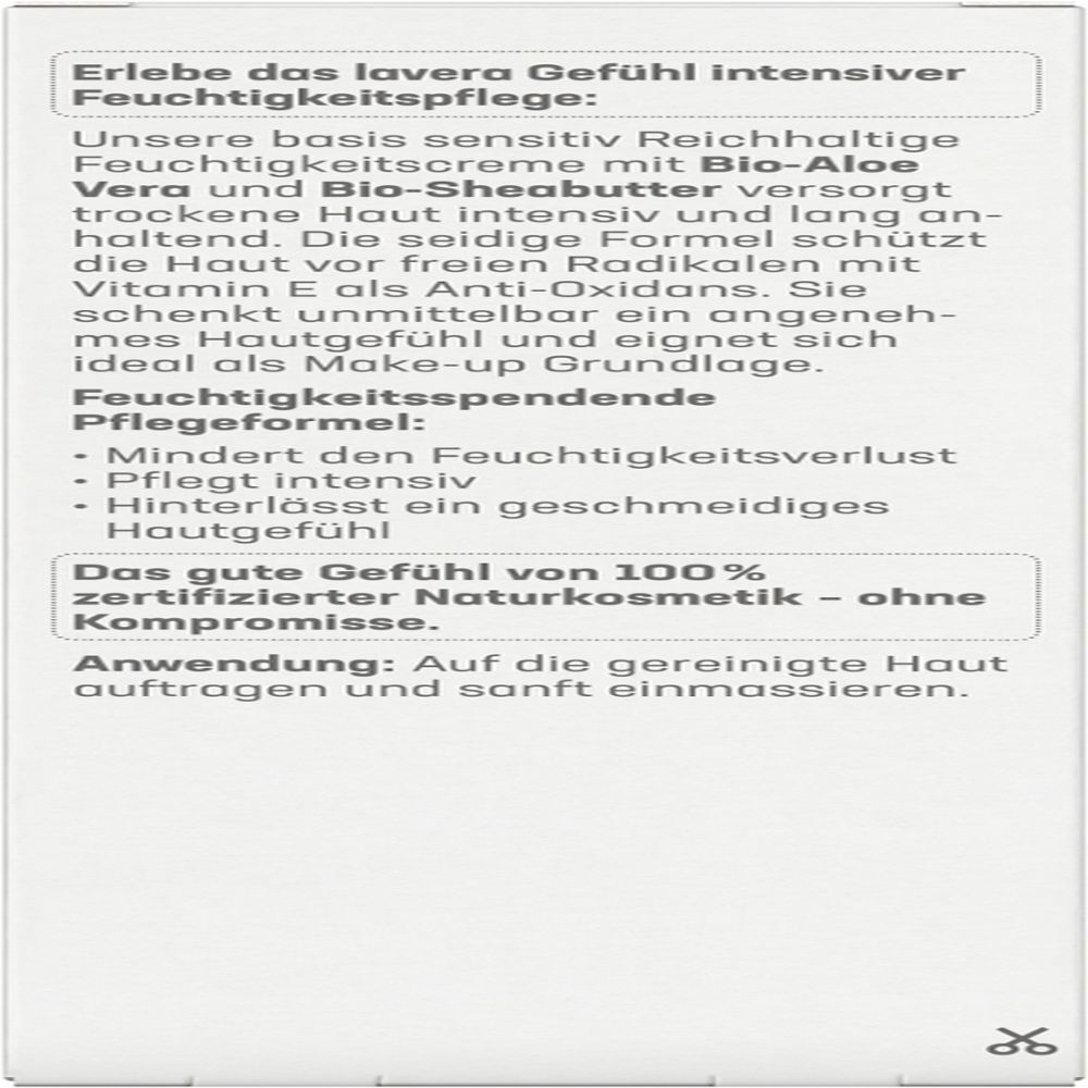 Boîte de crème hydratante riche Lavera Basis Sensitiv, dos avec texte.