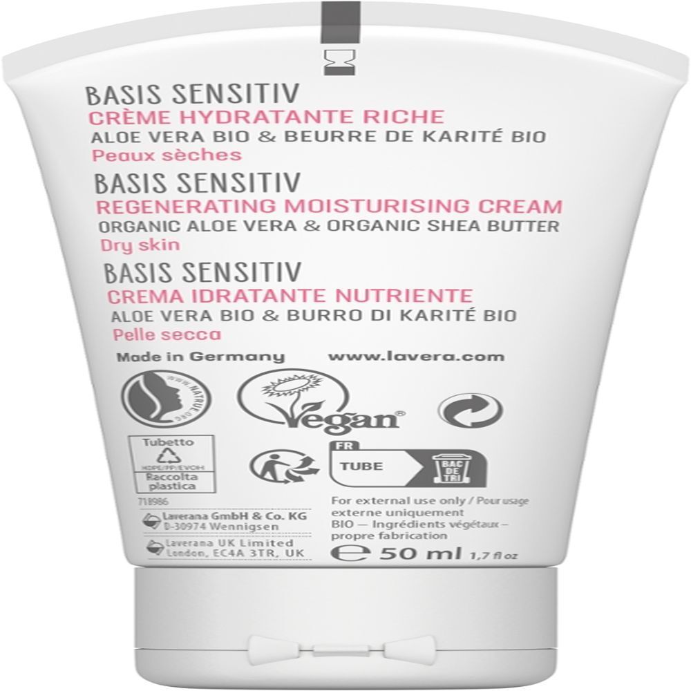 Tube de crème hydratante riche Lavera Basis Sensitiv, dessous avec EAN et volume.