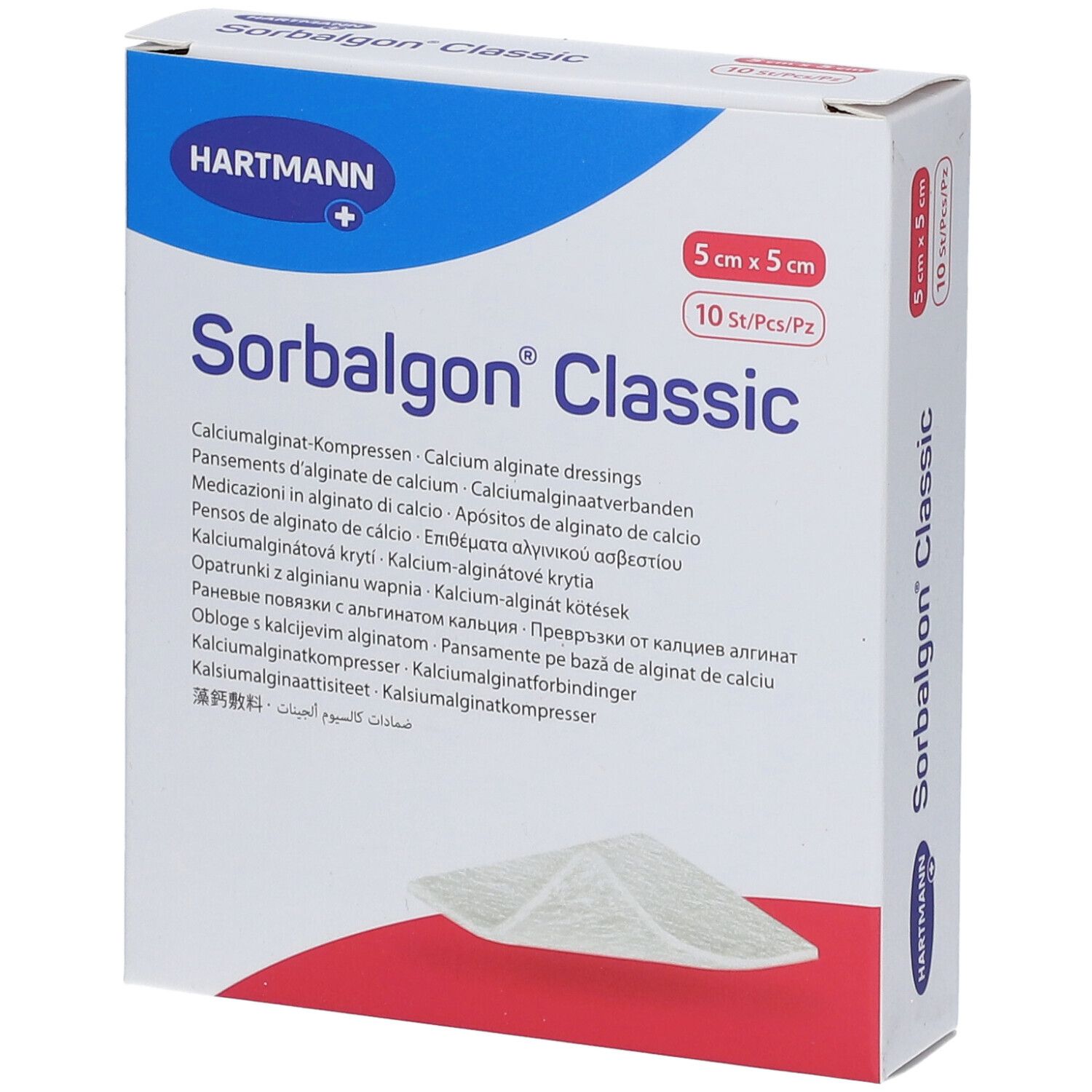 Boîte de Sorbalgon® Classic, 5x5 cm, 10 pièces. Marque Hartmann. Texte multilingue.