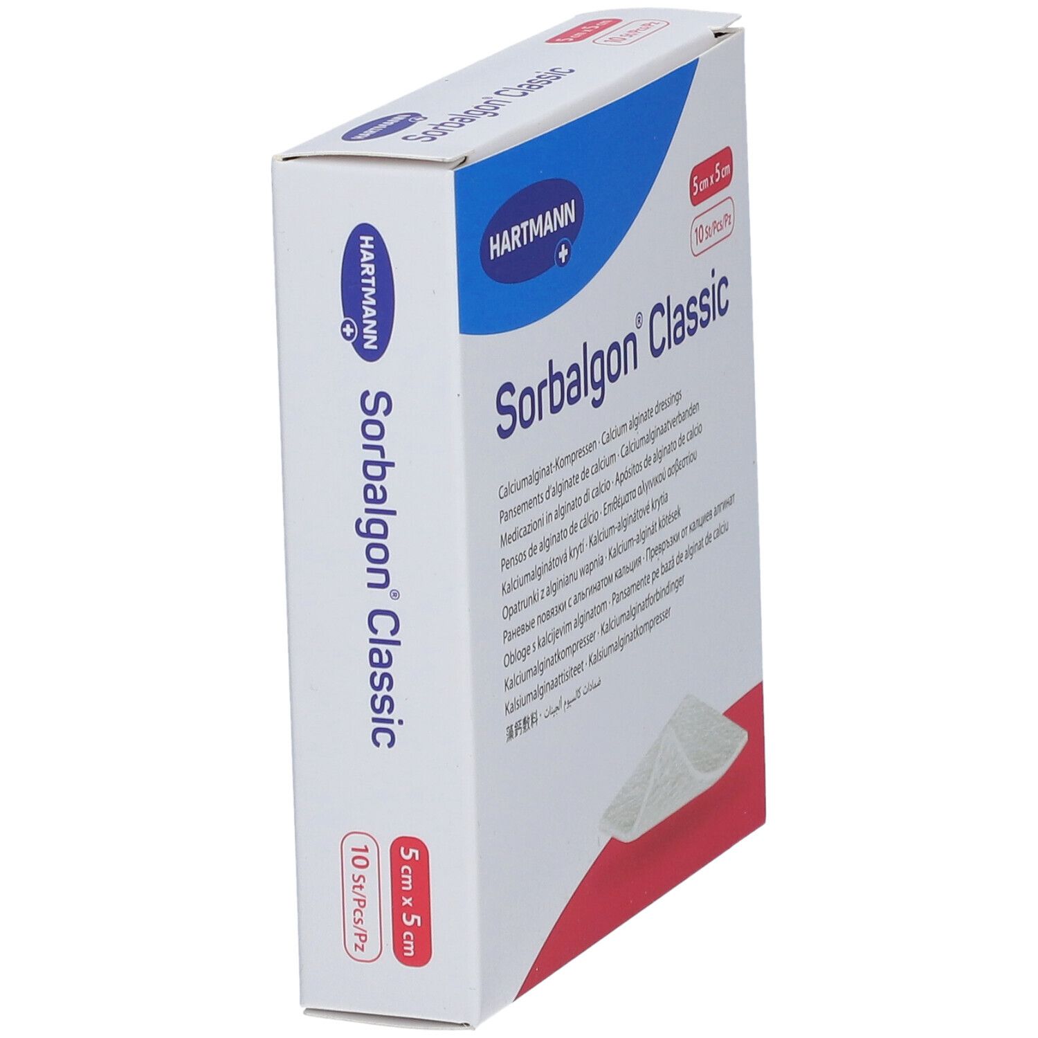 Boîte de Sorbalgon® Classic en biais. 5x5 cm, 10 pièces. Marque Hartmann.