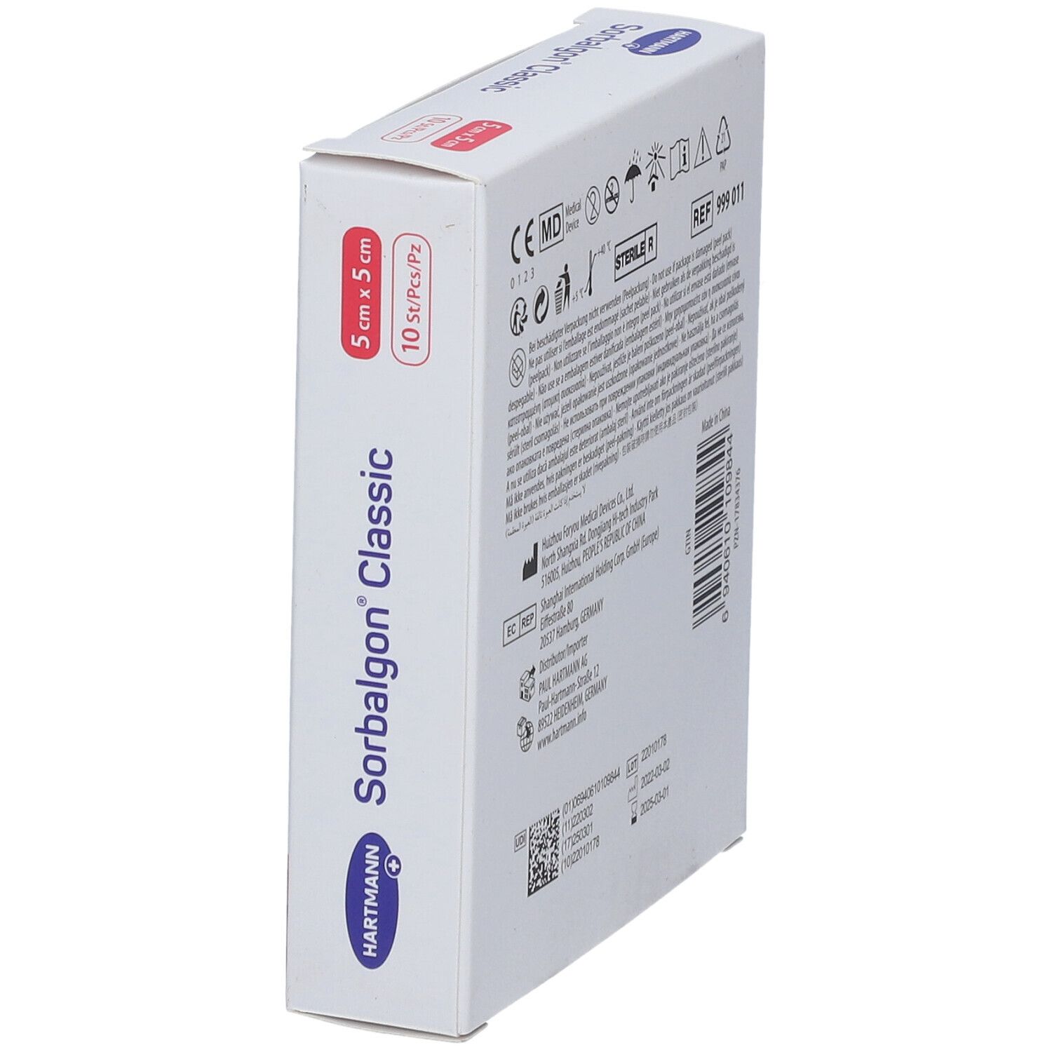 Boîte de Sorbalgon® Classic en biais. Informations au dos.