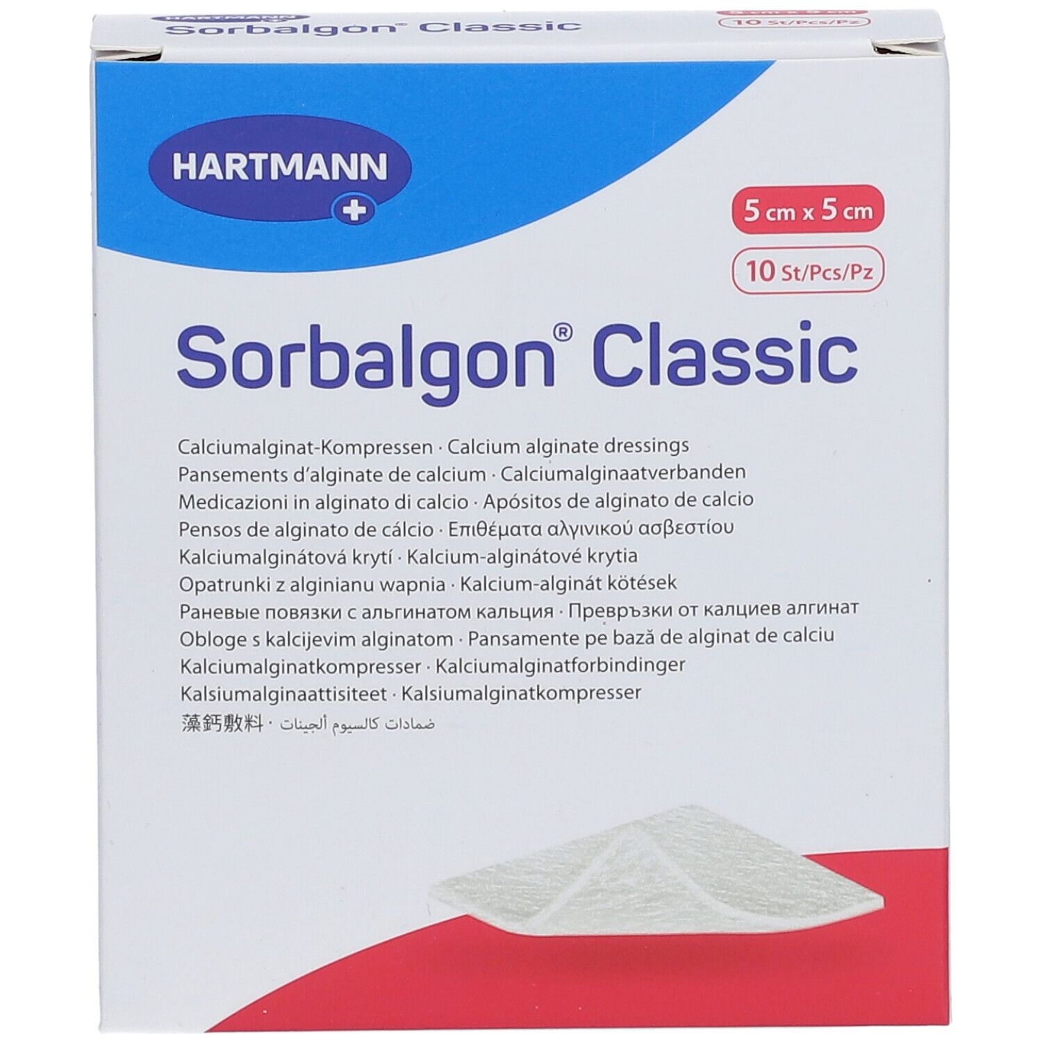 Boîte de Sorbalgon® Classic, 5x5 cm, 10 pièces. Marque Hartmann. Texte multilingue.