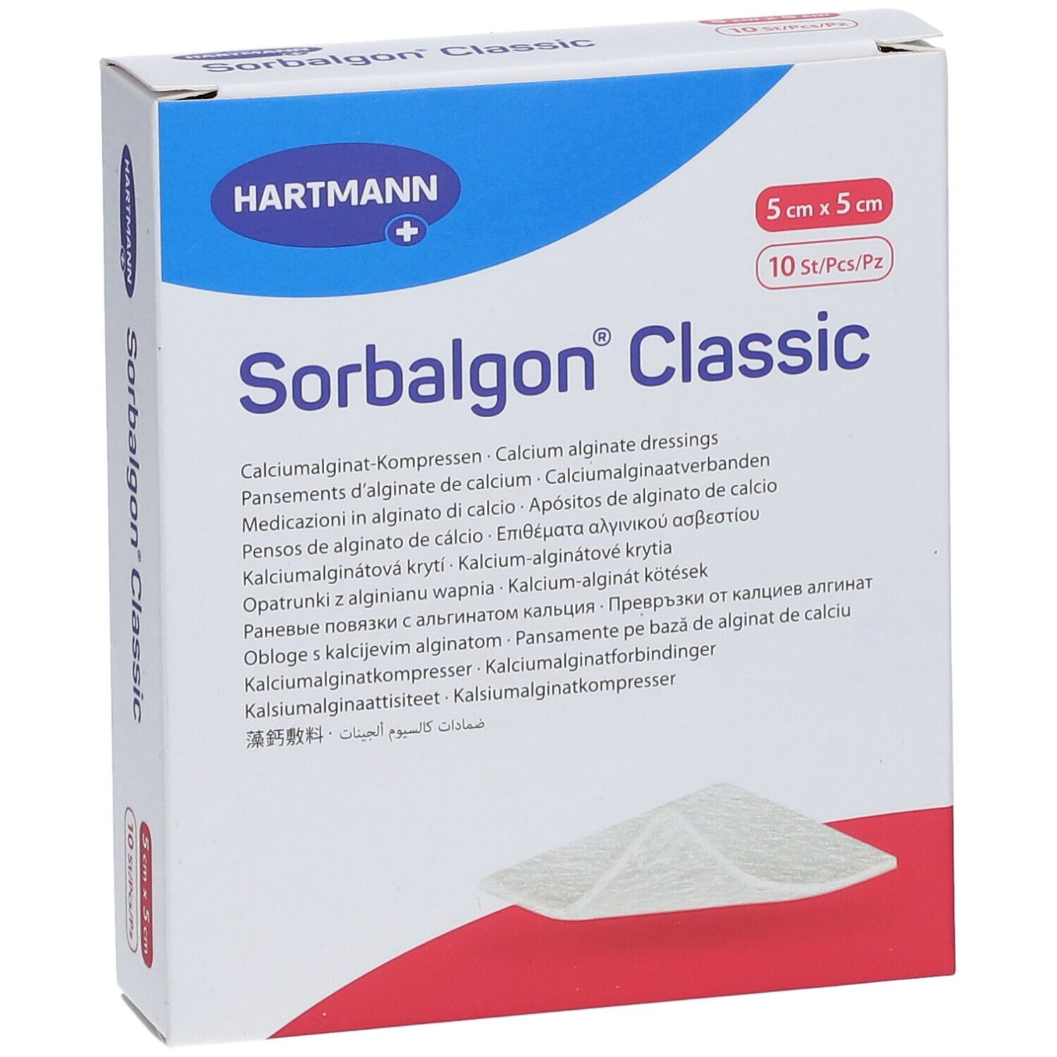 Boîte de Sorbalgon® Classic, 5x5 cm, 10 pièces. Marque Hartmann. Texte multilingue.