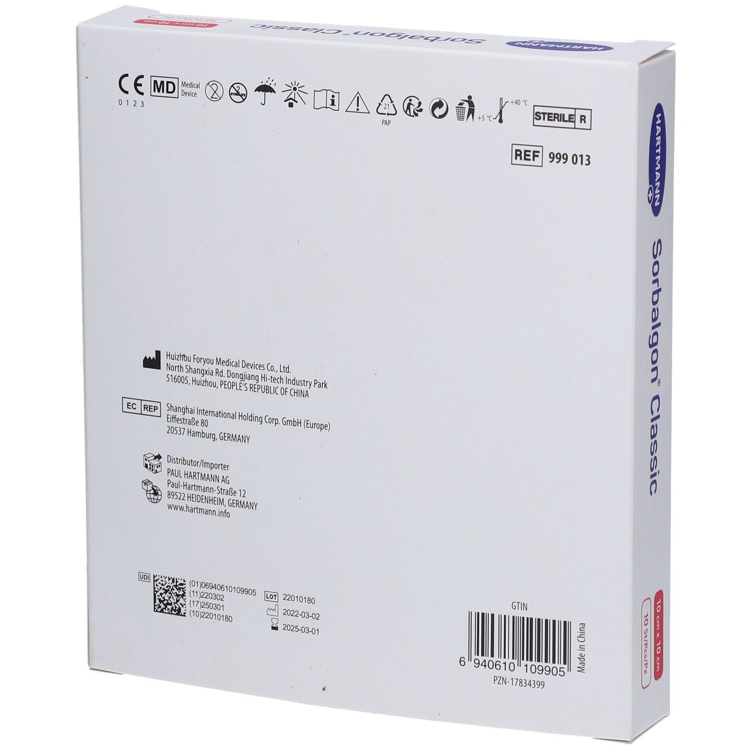 Dos de la boîte Hartmann Sorbalgon® Classic. Informations sur le fabricant, le numéro de lot, la date d'expiration et les certifications.